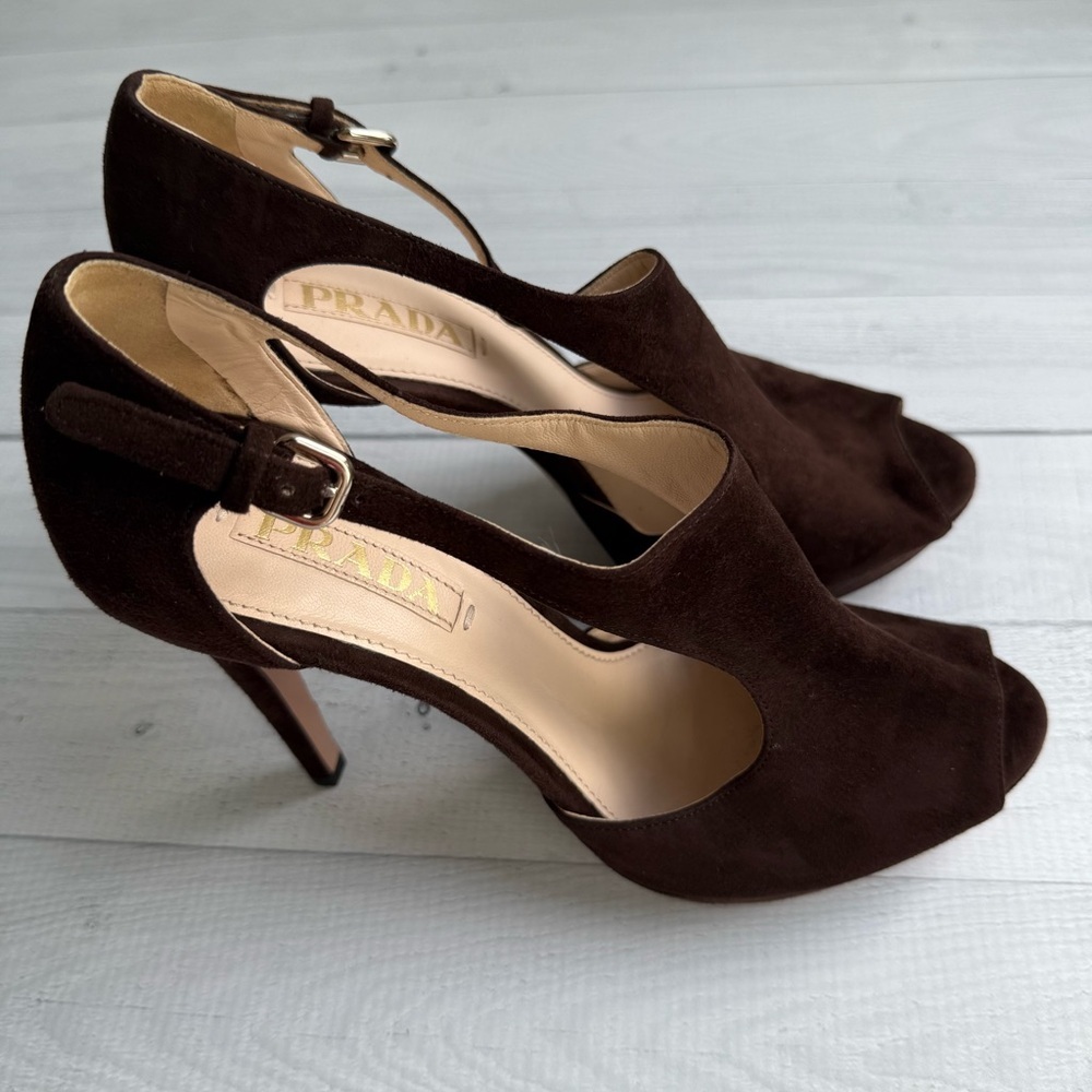 Prada Brown Suede Cut Out Heels Size 39.5/9.5 - Picture 2 of 9